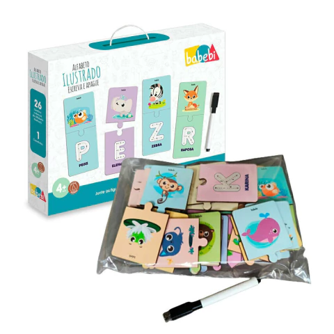 BABEBI - ALFABETO ILUSTRADO ESCREVA E APAGUE EM MADEIRA 4 ANOS