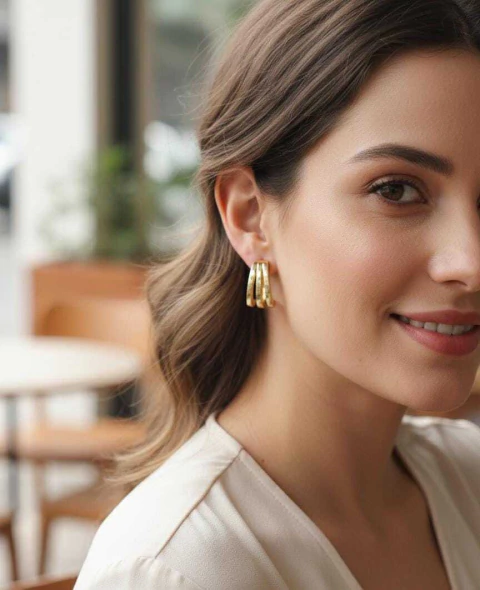 Brinco Argola Tripla 3 Aros Dourado Bijuteria Elegante