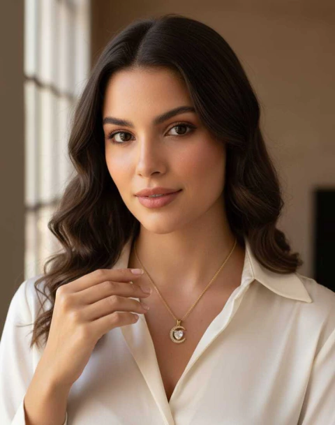 Colar Pingente Lua Coração Cravejado Aço Inoxidável Dourado