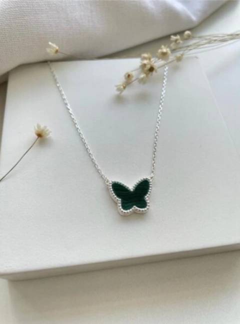 Colar Borboleta Pedra Malaquita Prata 925