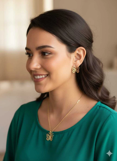 Colar e Brinco Borboleta Folheado Bijuteria Elegante e Delicado