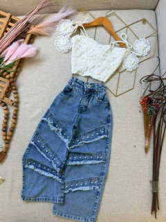 CALÇA WID LEG DESFIADO PÉROLAS - comprar online