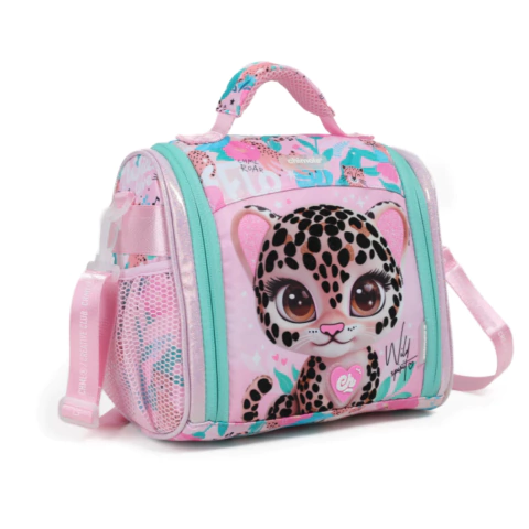 Lunchera infantil Chimola de color rosa con diseño de chita y detalles en turquesa, con asa y correa para colgar