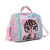 Lunchera infantil Chimola de color rosa con diseño de chita y detalles en turquesa, con asa y correa para colgar