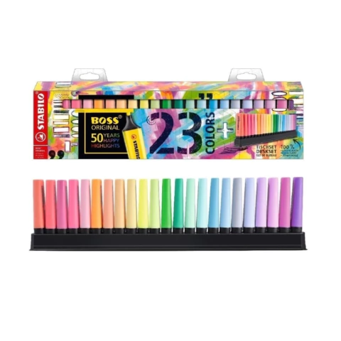 Set de 23 resaltadores Stabilo Boss en colores pastel organizados en un soporte negro con caja colorida de fondo