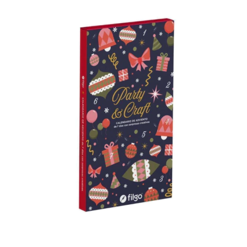 Calendario de adviento 2025 Filgo con diseño festivo y creativo en colores rojo, verde y rosa, con ilustraciones de regalos y adornos navideños