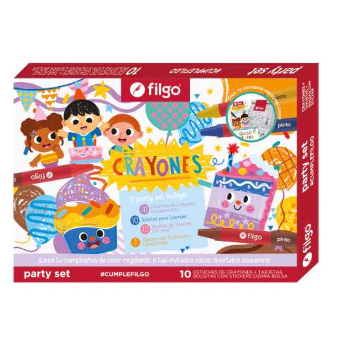 Set de crayones Filgo para fiestas, incluye 10 estuches de crayones y bolsas para colorear, con ilustraciones coloridas y festivas.