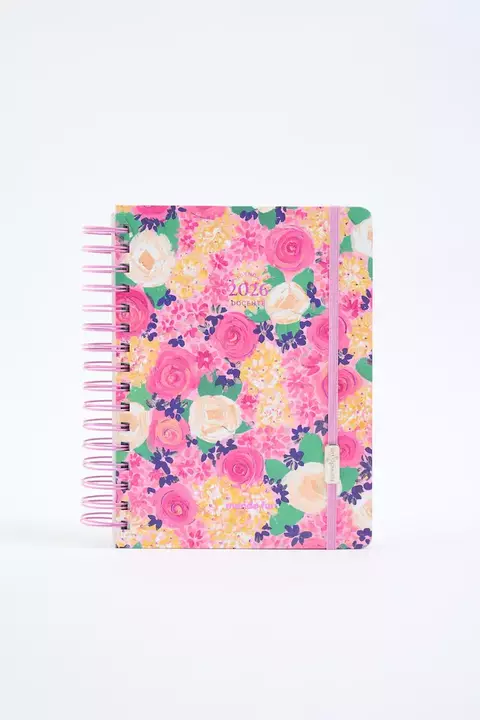 Agenda docente 2026 con diseño floral colorido y espiral rosa