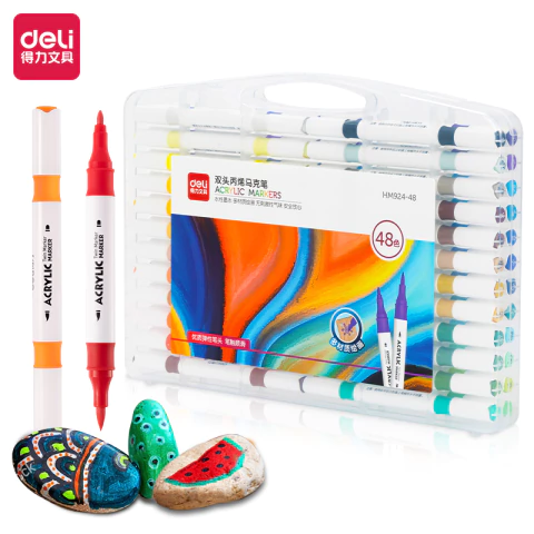 Set de marcadores acrílicos doble punta Deli x 48 colores con estuche transparente y piedras pintadas con diseños coloridos
