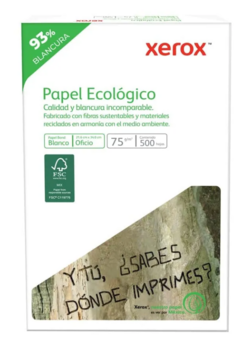 Paquete de Hojas de papel Tamaño Oficio Xerox Ecológico 93% 75g Blancura 500 hojas