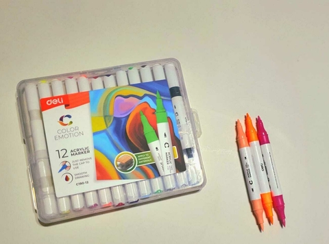 Marcador Acrilico doble punta (Pincel+Redonda) Estuche x 12