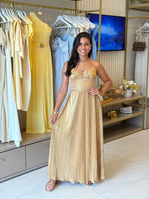 Vestido Plissado Dourado/Bege – Colcci