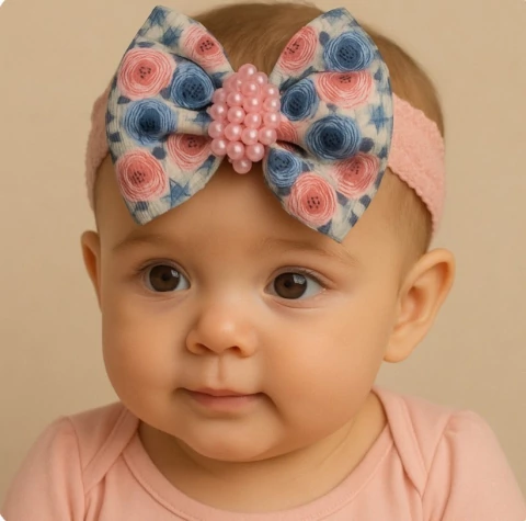 Faixa de Cabelo Bêbe Renda e Pérolas Rosas - Tam G