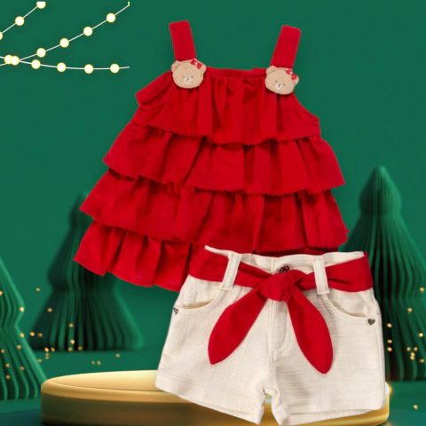 Conjunto Bata e Shorts Linho com Cinto Vermelho - Anjos Baby