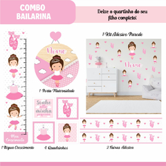 Adesivo de Parede + Faixas + Régua + Porta Maternidade + Quadros Bailarina - Decoração Quarto de Menina - Studio Algo Mais
