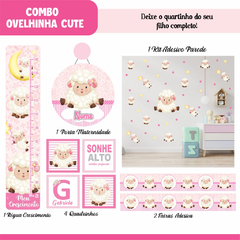 Adesivo de Parede + Faixas + Régua + Porta Maternidade + Quadros Ovelhinha Rosa - Studio Algo Mais
