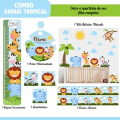 Adesivo de Parede + Faixas + Régua + Porta Maternidade + Quadros Safari Tropical - Decoração Quarto de Menino Infantil