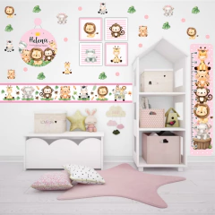 Adesivos de Parede + Faixas + Régua + Porta Maternidade + Quadros Safari Baby - Decoração Quarto de Menina - Studio Algo Mais