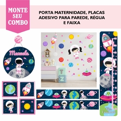Adesivo de Parede + Faixas + Régua + Porta Maternidade + Quadros Astronauta Rosa e Branco