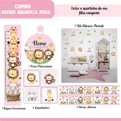Adesivos de Parede + Faixas + Régua + Porta Maternidade + Quadros Safari Baby - Decoração Quarto de Menina