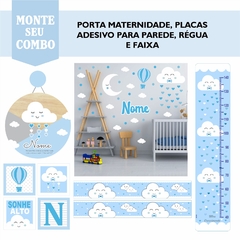 Adesivo de Parede + Faixas + Régua + Porta Maternidade + Quadros Chuva de Amor Azul - Decoração Quarto de Bebê