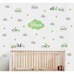 Kit Adesivo de Parede Carros - Papel de Parede Carrinhos Quarto Infantil Nome Personalizado - Adesivo de Parede Infanti na internet