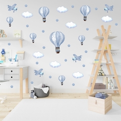 Kit Adesivo de Parede Balões Aquarela + Avião + Bolinhas + Nuvens - Papel de Parede Infantil