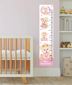 Régua de Crescimento Ursinha Princesa Rosa - Adesivo de Parede Infantil