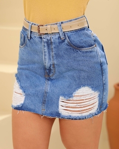 Saia Jeans Feminino Sem Lycra Cintura Alta Detalhe De Refilada E Acompanha Cinto, Revesst Jeans. 39948