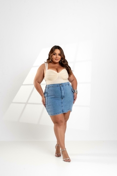 Saia Jeans Plus Size Cargo Feminino Com Lycra, Cintura Alta Detalhe Na Barra, Revesst Jeans. 40043 - Revesst Jeans