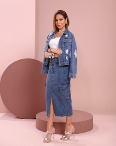 Saia Midi Cargo Jeans Feminino Sem Lycra Cintura Alta Detalhe De Brilho, Revesst Jeans. 39512 - Revesst Jeans