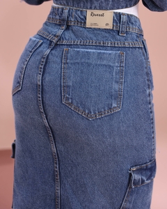 Saia Midi Cargo Jeans Feminino Sem Lycra Cintura Alta Detalhe De Brilho, Revesst Jeans. 39512 - comprar online