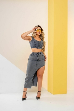 Blusa Cropped Jeans Feminino Sem Lycra Detalhe De Ziper Frontal, Revesst Jeans. 40421 - loja online