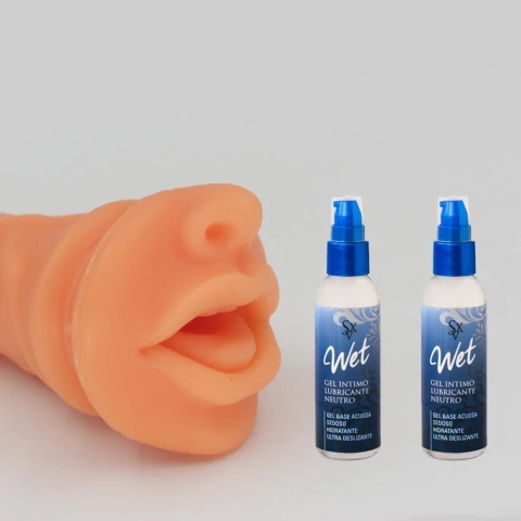 KIT MASTURBADOR BOCA PARA PENE + 2 LUBRICANTES WET NEUTRO