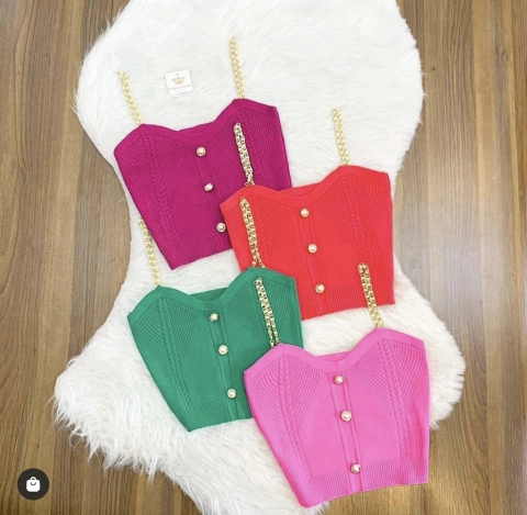 Cropped tricot corrente e botoes luxo cor rosa pink Tam.Unico