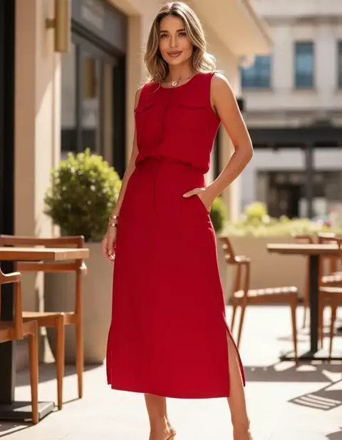 Conjunto Linho/viscose Blusa Com Botões Saia Midi Madelei