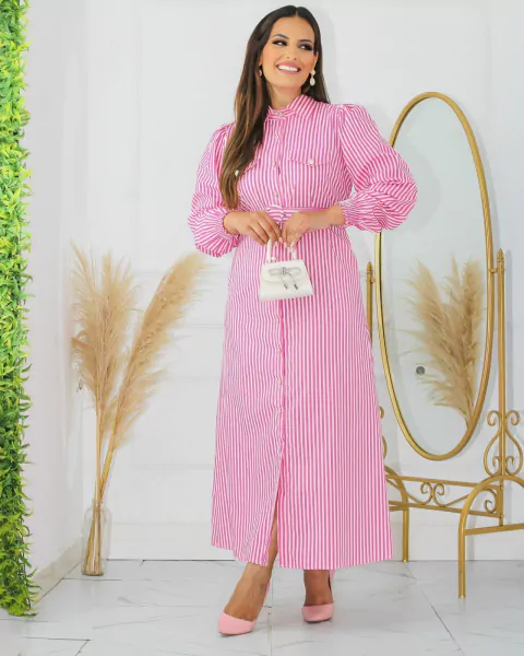 Chemise Camisa vestido Alongado manga Longa com cinto Listrado Ester