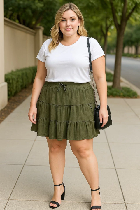 Saia Curta Malha Canelado com Babados kellin