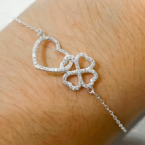 Pulseira Coração com Trevo Cravejado Prata 925