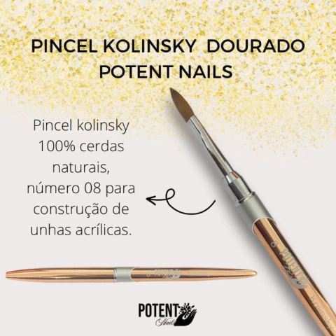Pincel Acrílico nº8 Dourado Potent Nails 100% Kolinsky
