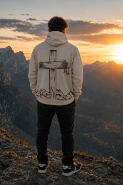 CANGURO (HOODIE). CRUZ. BEIGE. Tela frizado.