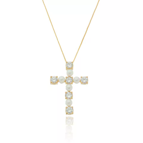 Colar Cruz com Pérolas e Zircônias - SEMIJOIA