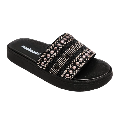 Papete Feminina Moleca Preta Slide Strass