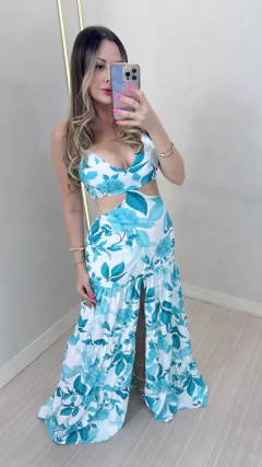 Vestido floral - azul tiffany