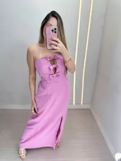 Vestido Linho Laços Rosa
