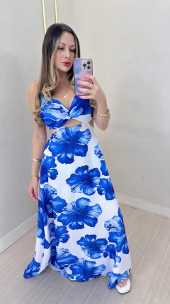 Vestido floral inspiração farm azul