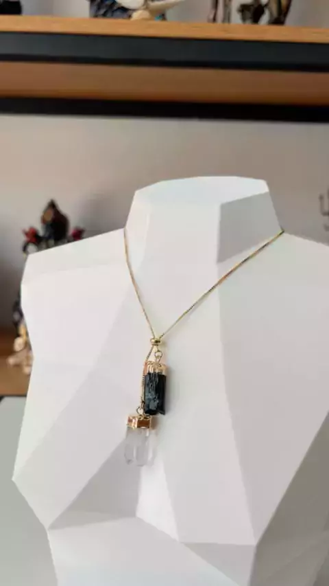 Turmalina Negra c/ Quartzo Transparente - Colar Gravata Dupla - comprar online