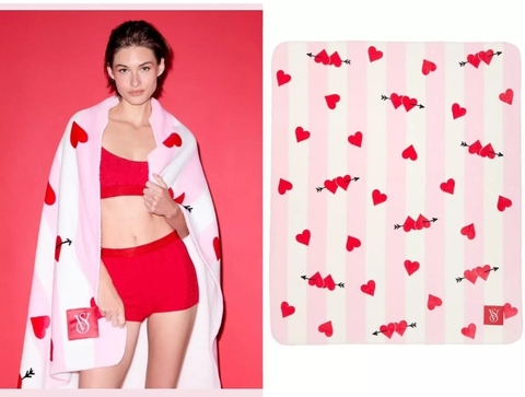 Victorias Secret Manta Valentines Day Blanket Hearts Rosa-claro Listras