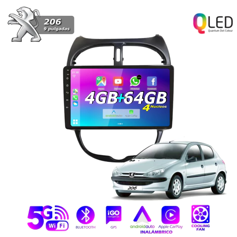 Multimedia Android 9" 4GB/64GB QLED - PEUGEOT 206