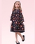 Vestido princesa estampa fundo preto poá e cores